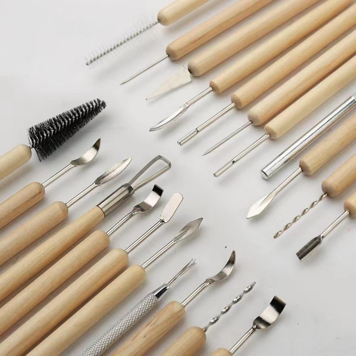 Chisel Set Wood - ชุดเครื่องมือปั้นดินเผา 1 ชุด ชุดเครื่องมือแกะสลักดินโพลิเมอร์เซรามิกสองด้าน พร้อมด้ามจับไม้เรียบ
