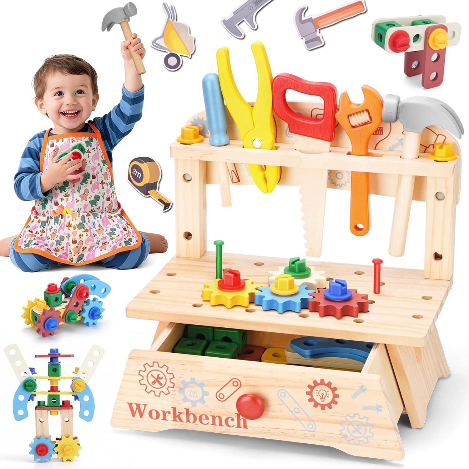 Workshop Tools Toy - ชุดเครื่องมือช่างไม้สำหรับเด็ก, ของเล่นเสริมพัฒนาการแบบมอนเตสซอรี่, ของเล่นบทบาทสมมติงานก่อสร้าง, ของขวัญเสริมพัฒนาการสำหรับเด็กชายและเด็กหญิง